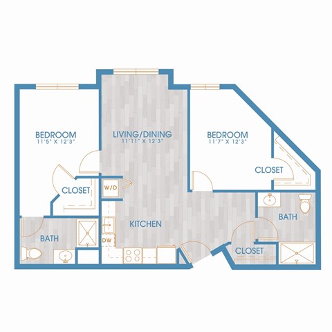 Floor plan for 2 beds, 2 baths, 982 sqft